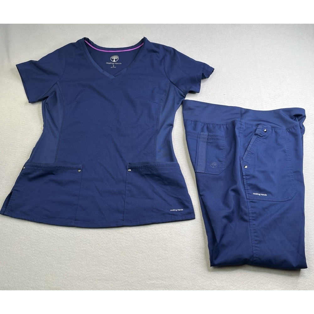 Healing Hands Women's Small Scrub Set Top & Pants Solid Blue Polyester Knit